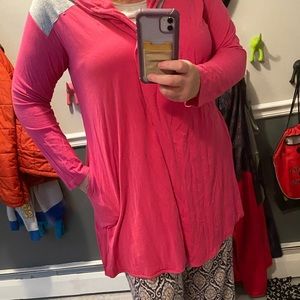 Hooded pink and gray duster jacket